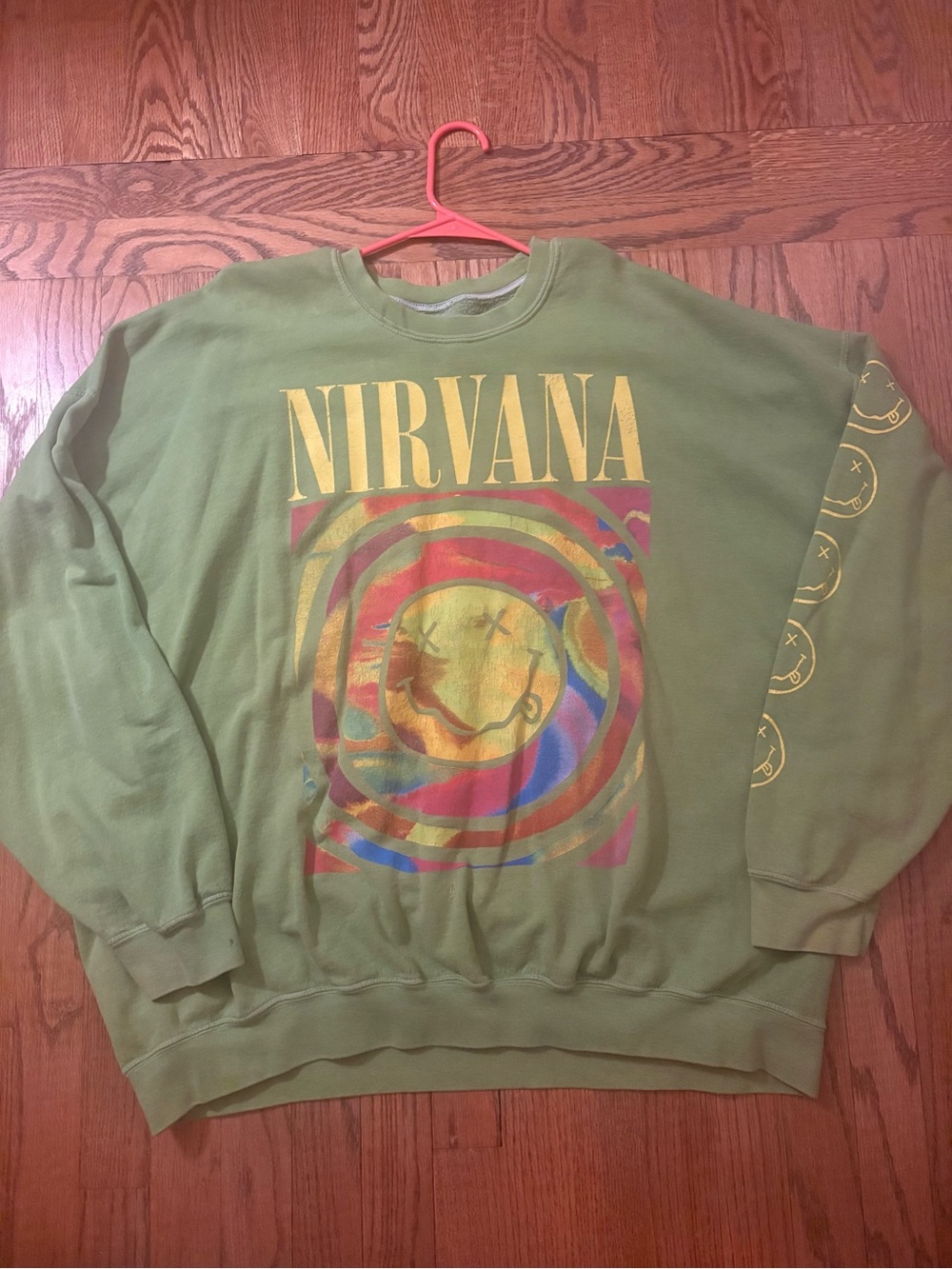 NIRVANA Olive Crewneck with Multicolor Target Smile Graphic